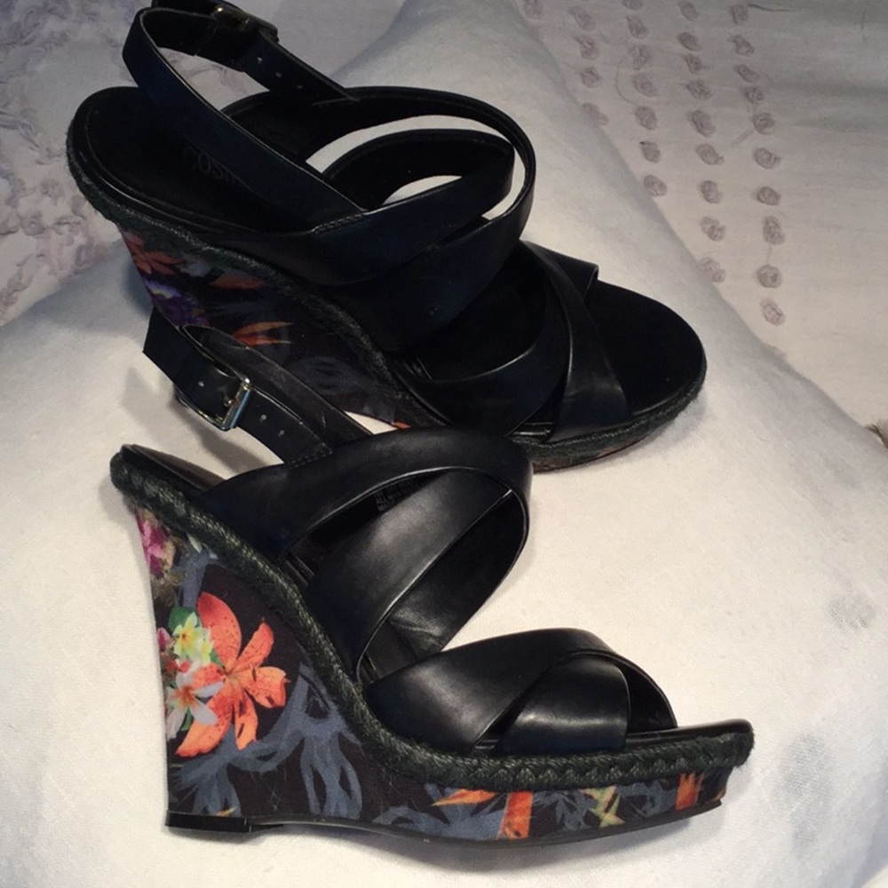Black and floral wedges